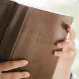 person holding brown holy bible